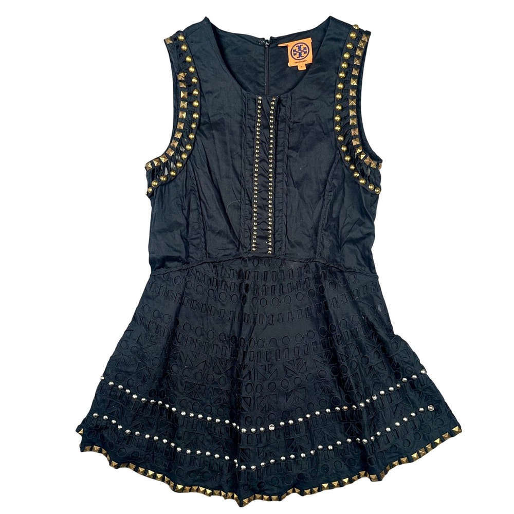 Tory Burch Sindri Tunic Women 4 Black Eyelet Studded Mini Dress Top FLAWED As Is